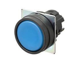 Omron trykknap A22NZ med Ø22 mm diameter, flad momentan uigennemsigtig blå knap og plastbezel.
