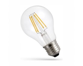 SpectrumLED LED-pære A60 med klart glas, synlige gule kultråde og sølvfarvet E27-fatning.