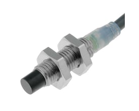 Omron induktiv aftaster i rustfrit stål med kort M8-krop, 4mm registreringsafstand, uafskærmet, med 2 meter fortrådet kabel.