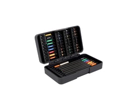 Bahco 1/4" slagbitsæt med 44 dele i åben sort plastboks, viser Phillips, Pozidriv og TORX bits med farvet markering.