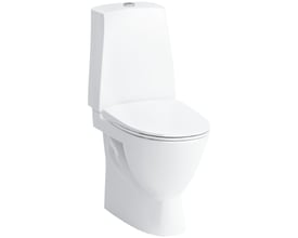 Hvidt Laufen Pro-N gulvstående toilet i ekstra høj model med helstøbt cisterne og S-lås, set skråt forfra.