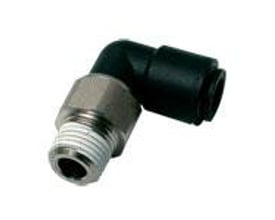 Parker drejbar vinkel 360° med 12mm slangeudtag og R3/8 udvendigt BSPT gevind i teknisk polymer og metal.