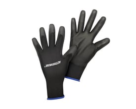 Sorte Activewear Superflex MO3426 montagehandsker i størrelse 8 med blå kanter, vist med logo- og håndfladeside.