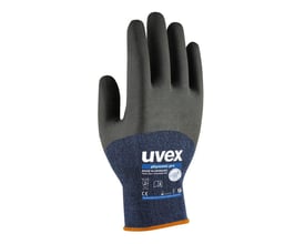 Uvex Phynomic pro arbejdshandske i str. 9 med grå overflade og blå manchet med Uvex logo, CE-mærke og størrelse 9 angivet.