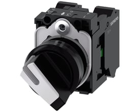 Siemens vælgerkontakt med lysbar, 22 mm, sort og hvid, kort model med 2 positioner (O-I), 1NO/1NC kontakt og fjederterminal.