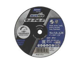 Norton Blue Fire skæreskive 76x1,0x6,35mm, egnet til stål og rustfrit stål med +50% performance improvement.