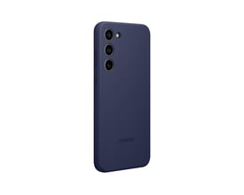 Samsung silikonecover til Galaxy S23+ i navy, vist bagfra med åbninger til kameraerne og knapper på siden.
