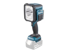 Makita DML812 18V LED lampe med drejbart hoved og 1250 lumen lysstyrke. Lampen har et robust, turkisblåt og sort design og en medfølgende 18V batteriadapter på en hvid baggrund.