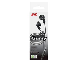 JVC HA-F14 Gumy in-ear headphones i sort, vist i deres emballage med "Gumy" logo og 3,5 mm jackstik.