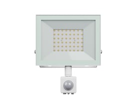 SpectrumLED Noctis Lux 4 projektør med PIR sensor, 50W, 4000K, hvid, frontvisning med synlige LED dioder og justerbar sensor.