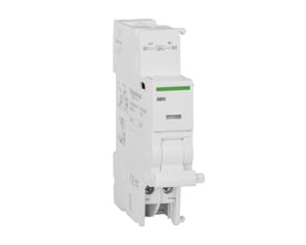 Set fra siden: Schneider Electric Acti9 underspændingsspole iMN med tydelige mærker for L/+, D1, U, N/- og D2.