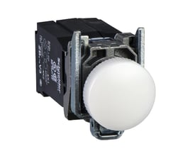 Schneider Electric signallampe XB4, hvid, 440VAC, LED trafo, vist forfra med fokus på den runde, hvide knap.