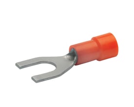 Klauke isoleret pladekabelsko M5 med gaffelform og orange isolering, til 0,5-1 mm² ledere.