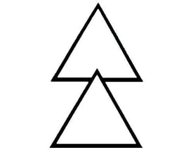 Enkel sort tegning af to overlappende trekanter, der danner et stiliseret symbol på hvid baggrund, typisk brugt som markering.