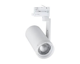 Hvid V-TAC 30 W 3-faset CCT-skinnespot med cylindrisk lampehoved, linse og skinneadapter.