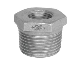 Georg Fischer galvaniseret nippelmuffe 1¼" x ⅜", med tydeligt synligt +GF+ logo og gevind på en hvid baggrund.