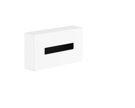 En enkelt Hansgrohe AddStoris servietdispenser i hvid mat kunststof, vist fra siden med åbning til servietter, klar til vægmontering.