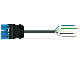 Wago Winsta midi tilslutningskabel, 8m 5G1,5, han-fri, blå, med tydeligt mærkede ledere og tilslutningsterminaler.