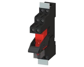 Siemens plug-in relæ komplet enhed med 24 V DC grønt LED modul og skrueterminaler, monteret på sort base med sikker isolation.