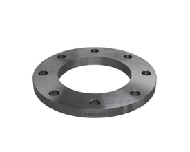 Indura planflange med 8 bolthuller og mærket med Indura logo, viser præcist håndværk i stål.