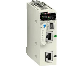 Schneider Electric M340 CPU med 4096KB hukommelse, viser Ethernet og Modbus porte samt statusindikatorer.