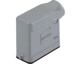 Nærbillede af Harting HAN A stikhus, viser vinklet metal design og M20 forskruning i støvgrå finish.