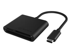 Sort ICY BOX IB-CR301-C3 multikortlæser med Type-C-tilslutning og USB 3.0, set skråt forfra med kortpladser.