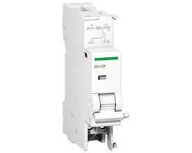 Schneider Electric Tripspole MX OF med grøn markering og mærkat MX+OF, designet til 12-24VAC for udløserhjælpeudstyr.