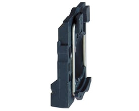 Sidevisning af Schneider Electric ZB5 element kropsdel, der fremhæver kunststofmaterialet og metalfikseringen.