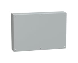 Bagside af Schneider Electric klemkasse i metal, 400 x 600 x 120 mm, med fire synlige skruer og tekstureret overflade.