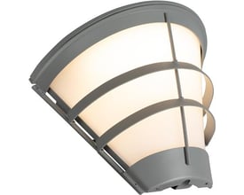 Hide-a-lite Pave Deco II vægarmatur i grå med opal skærm og buede beskyttelsesbøjler, vist skråt forfra.
