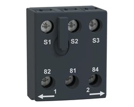 Mørkegrå hjælpekontakt til reversering, LU9MR1 fra Schneider Electric, set fra fronten med skrue terminaler mærket S1, S2, S3, 82, 81, 84, 1 og 2.
