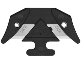 MARTOR SECUMAX reserveblade 13448, 10 stk., med sort klingehoved og to sølvfarvede skær set forfra.