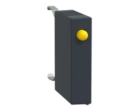 Mørkegrå Schneider Electric varistor med gul indikatorlampe, designet til frontmontage på serie K og D kontaktorer.