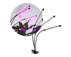 Kobi VITARO 3 CLIP plantelys i sort med tre fleksible lyshoveder, vist med lilla lys over grønne planter.