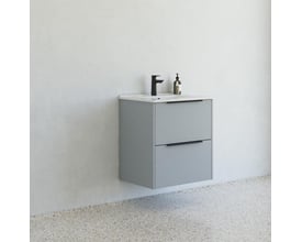 Dansani Mido+ Classic møbelpakke 61 cm i glat blå mat, monteret på en hvid væg med en hvid vask og sort armatur.
