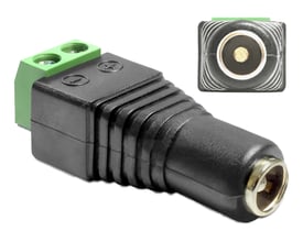Delock sort adapter med DC 5.5 x 2.5 mm hunstik og grøn 2-pin terminalblok til tilslutning af ledninger.