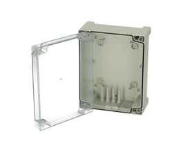 Fibox Tempo TPC241911T-kasse på 240 x 191 x 107 mm i lysegrå med transparent dæksel åbnet, så indersiden ses.