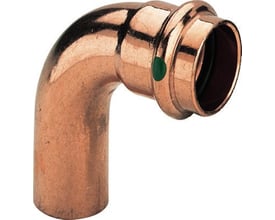 Detaljeret billede af Viega Profipress 28 mm kobberbøjning, der viser muffeenden med tætningsring og nippel-enden.