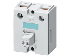 Siemens SIRIUS 3RF20 solid-state relæ, 1-faset, 20A, 48-460V, 24VDC med skrueklemmer og lille blå skærm.