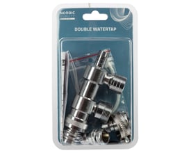 Nordic Quality dobbelt vandkobling 3/4" i sølv, vist i original emballage med fittings og instruktioner.