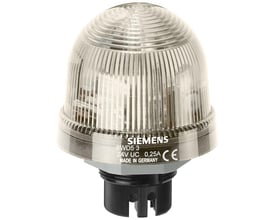 Siemens signallampe med integreret enkelt blitzlys, klar, 24V, diameter 70mm, vist på hvid baggrund.