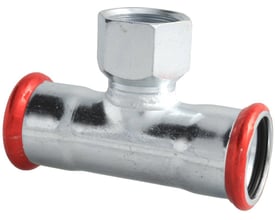 Unico forzinket T-stykke 42mm med to presmuffer og 3/4" indvendigt gevind på afgreningen, ideelt til varme og industrianlæg.