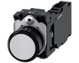Siemens 22mm rund trykknap i grå plast med 1NO1NC kontakt, visende skrueterminaler og mærkat. Robust design med tydelig Siemens logo.
