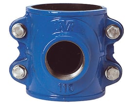 AVK anboringsbøjle i duktiljern, 200 mm x 1", PN16, vist forfra med fire bolte og udvendigt gevind. Produktoverfladen er blå.