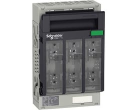 Schneider Electric Fupact ISFT250 sikringslastadskiller med 3 poler og en nominel strøm på 250 A, designet til bagplademontering med synlig DIN NH01 sikringsposition.