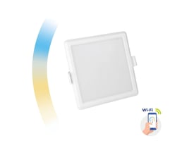 Hvidt, kvadratisk SpectrumLED Algine 6W Smart Home LED-indbygningspanel med Wi-Fi-symbol og farveskiftende lysgrafik.