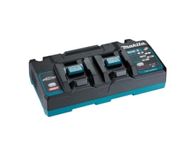 Makita DC40RB 40V dobbeltlader set fra siden, viser dens kompakte design med XGT® logo og statusindikatorer.
