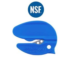 PHC BC347 pose-/folieskærer i blå plast med NSF-certificeringsmærke og lukket stålklinge.