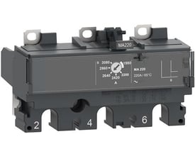 Schneider Electric MA6.3 3-polet magnetisk strømrelæenhed til NSX100/250 afbrydere, vist i mørkegrå plast med tydelige mærkninger.